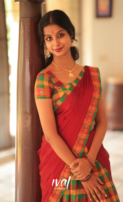 Red and Bottle Green Kandangi Checks Halfsaree - Half Sarees