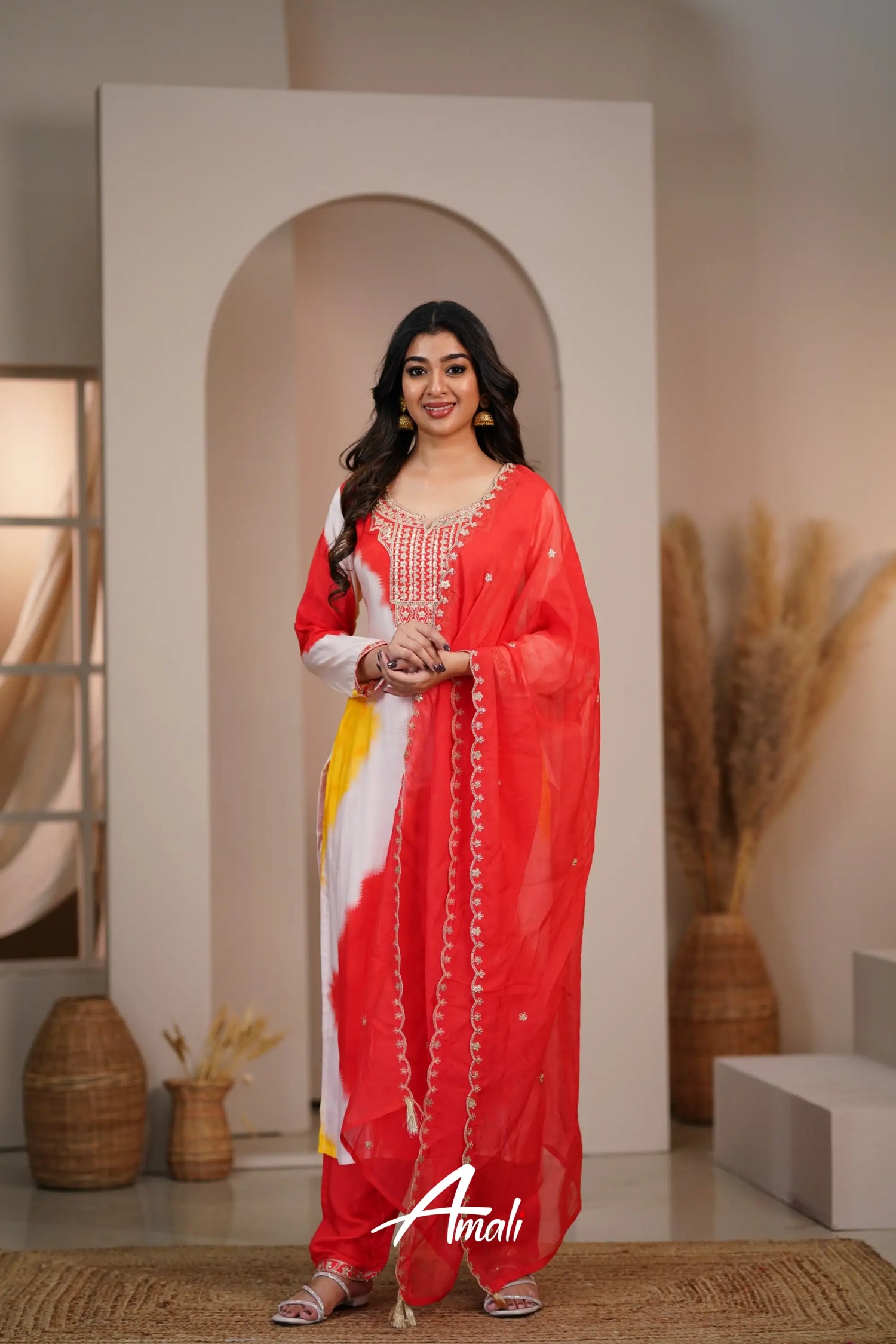 Red And Yellow Rayon Crepe Salwar Anarkalis