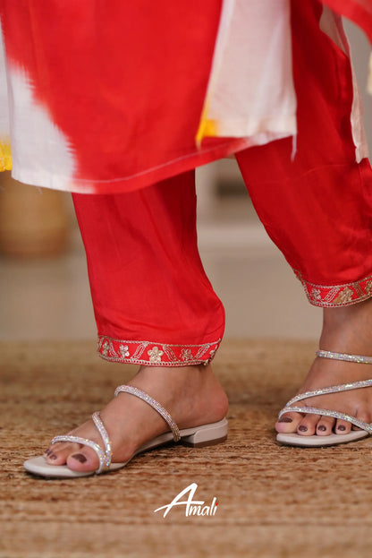 Red And Yellow Rayon Crepe Salwar Anarkalis