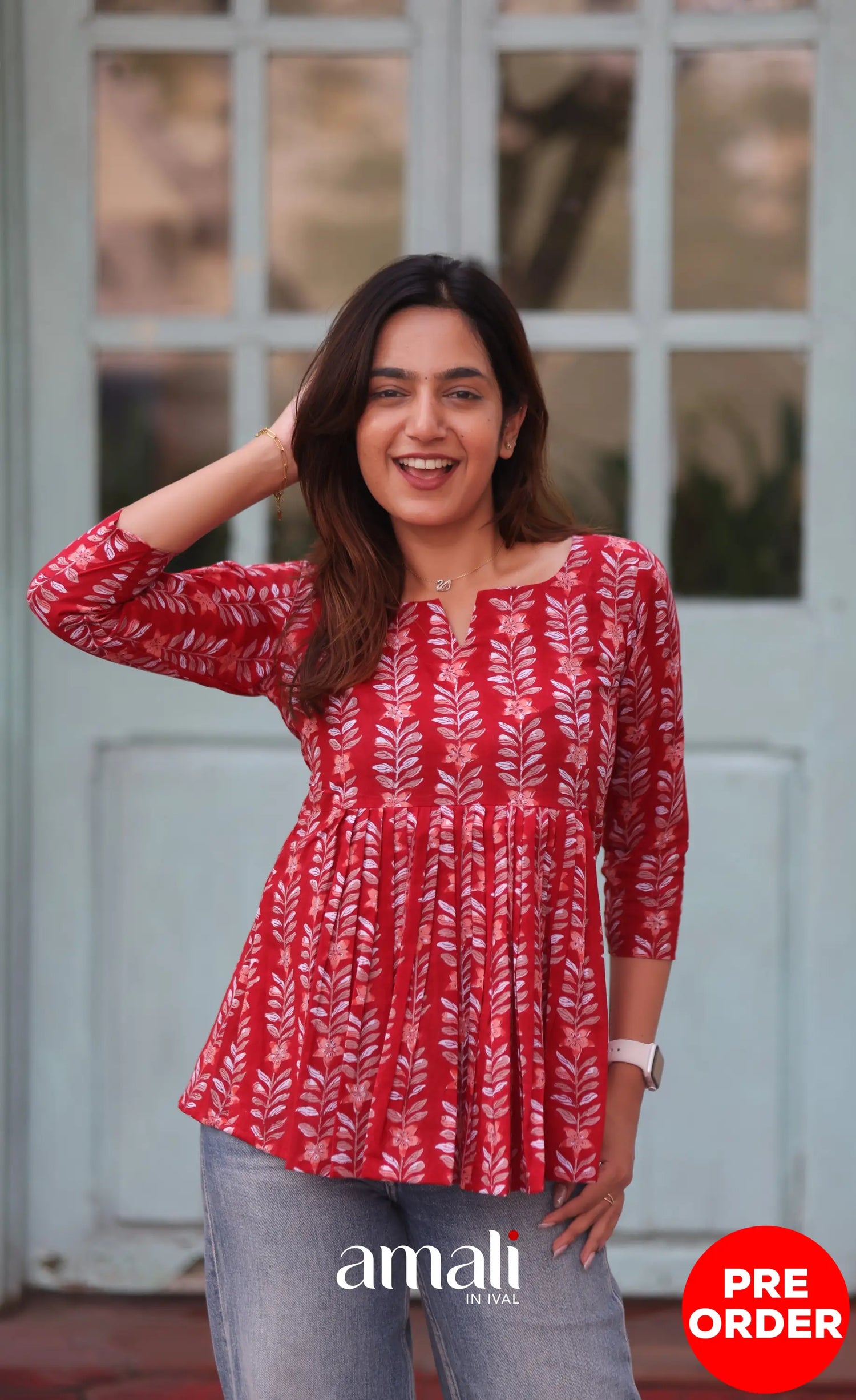 Red Jaipur Hand Block-Printed Short Top PREORDER - salwar