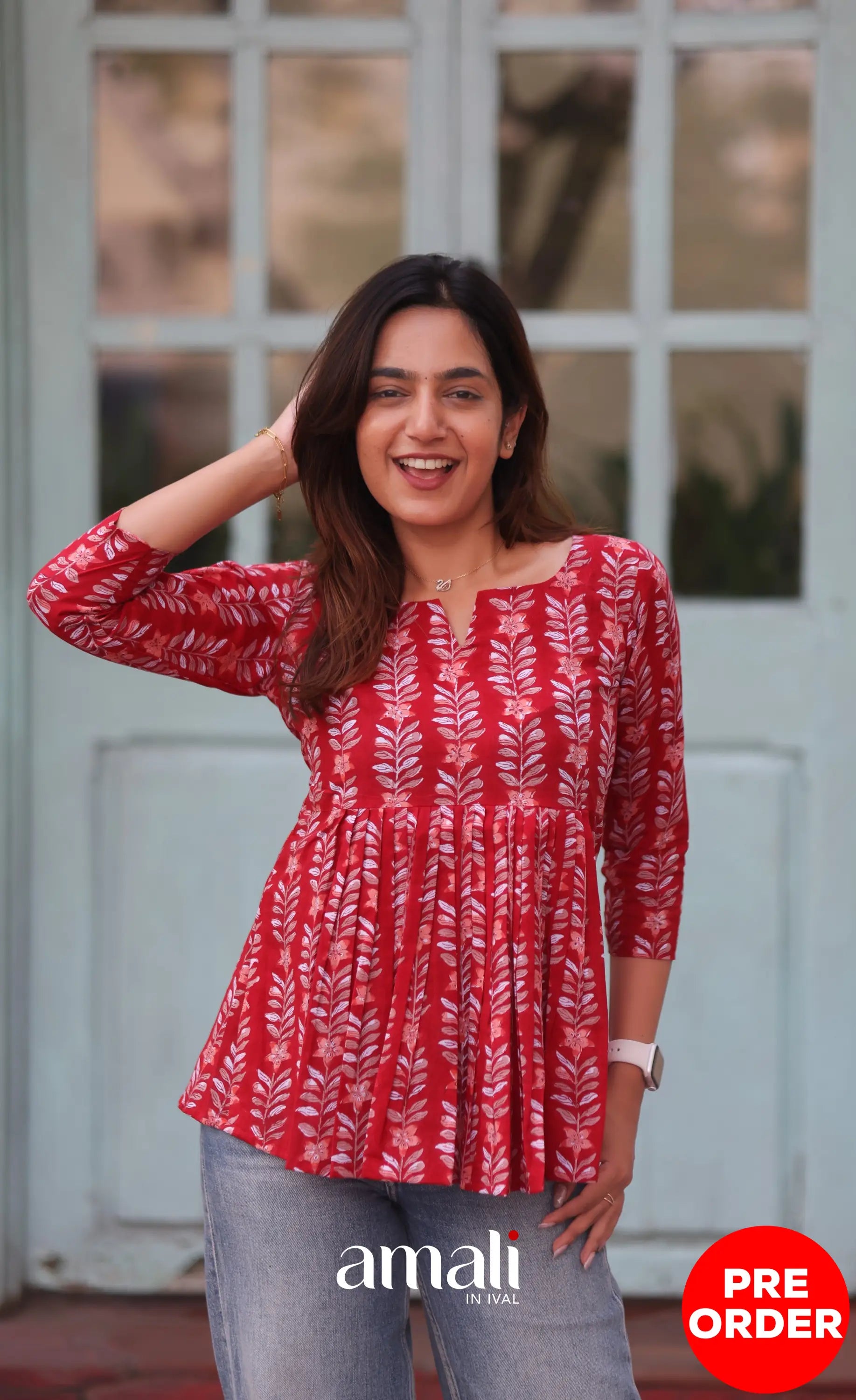 Red Jaipur Hand Block-Printed Short Top PREORDER - salwar