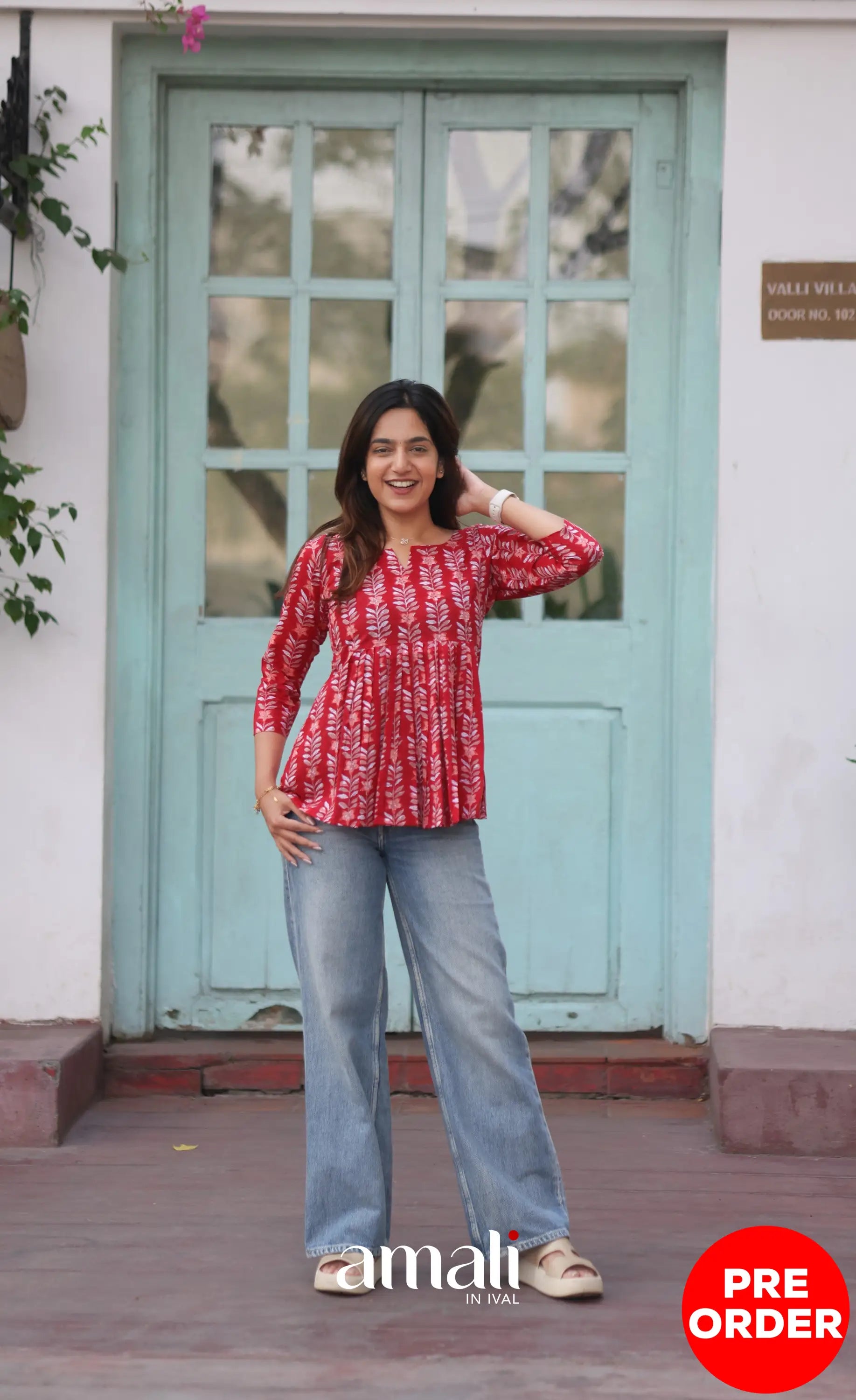 Red Jaipur Hand Block-Printed Short Top PREORDER - salwar