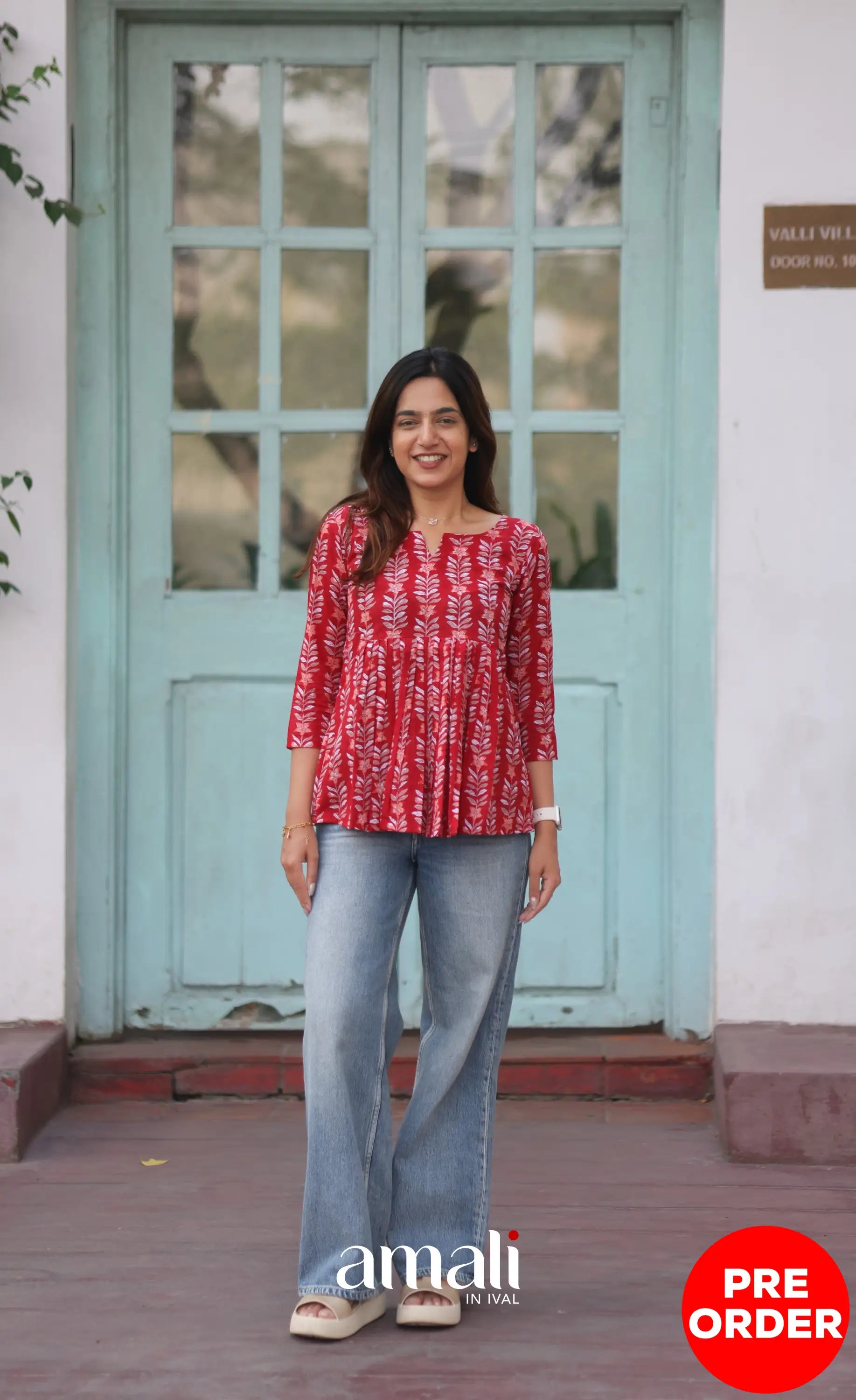Red Jaipur Hand Block-Printed Short Top PREORDER - salwar