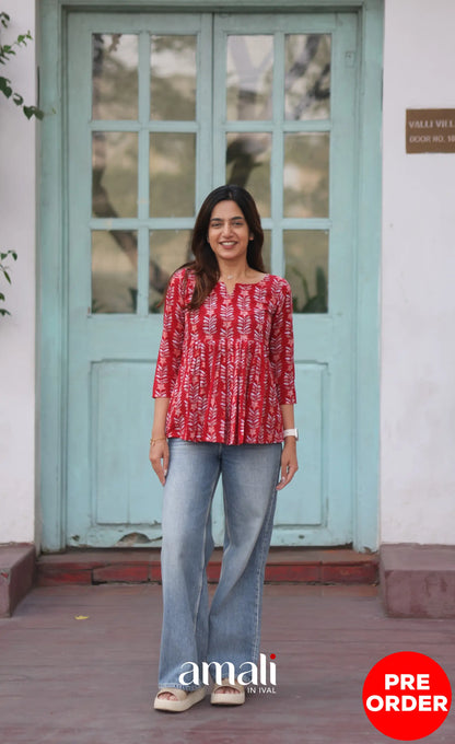 Red Jaipur Hand Block-Printed Short Top PREORDER - salwar