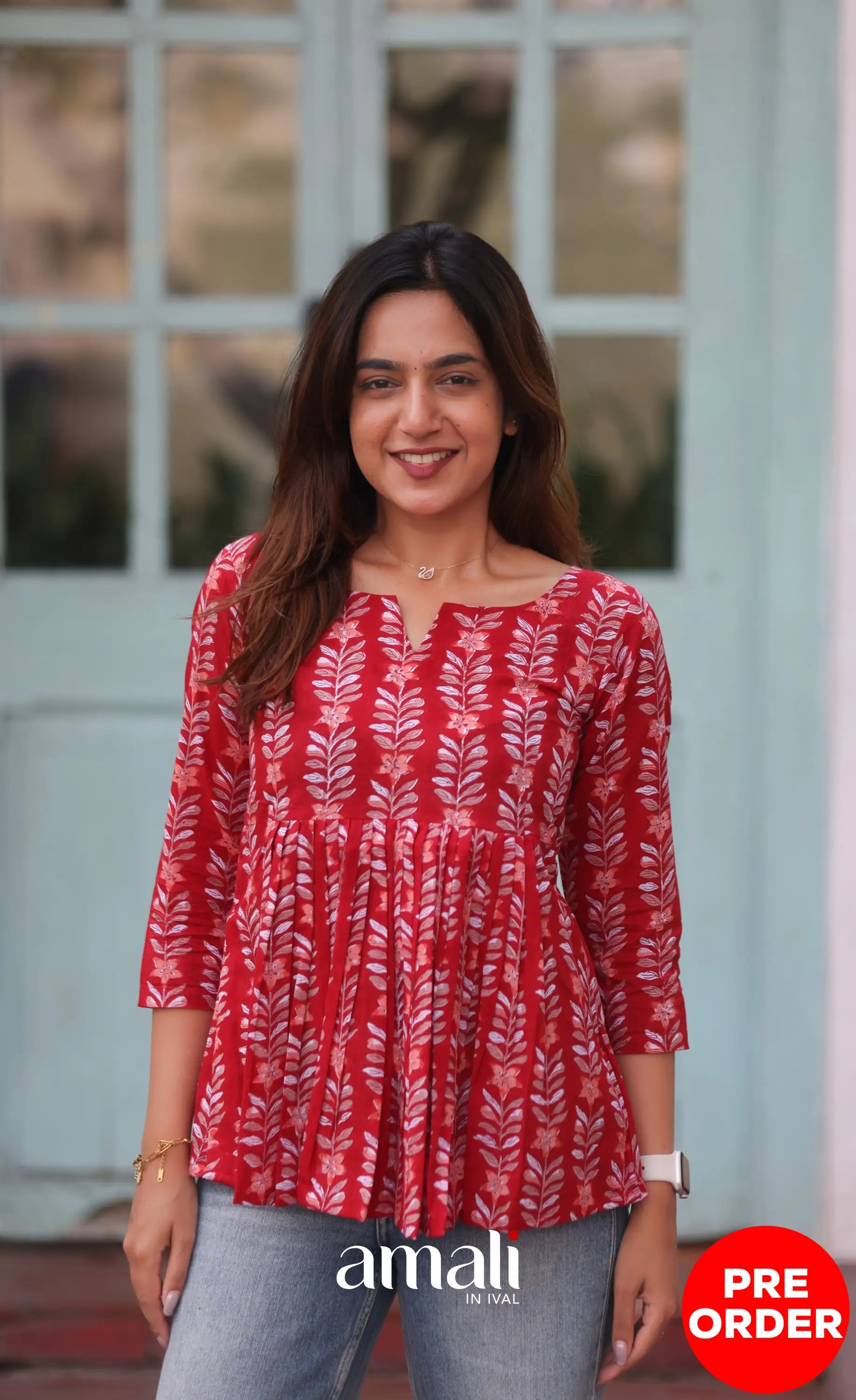 Red Jaipur Hand Block-Printed Short Top PREORDER - salwar