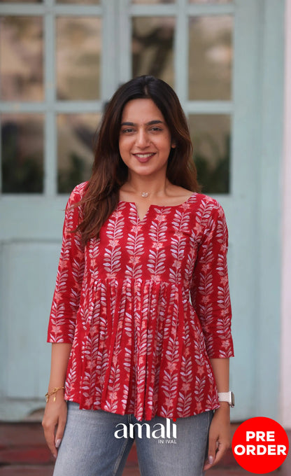 Red Jaipur Hand Block-Printed Short Top PREORDER - salwar