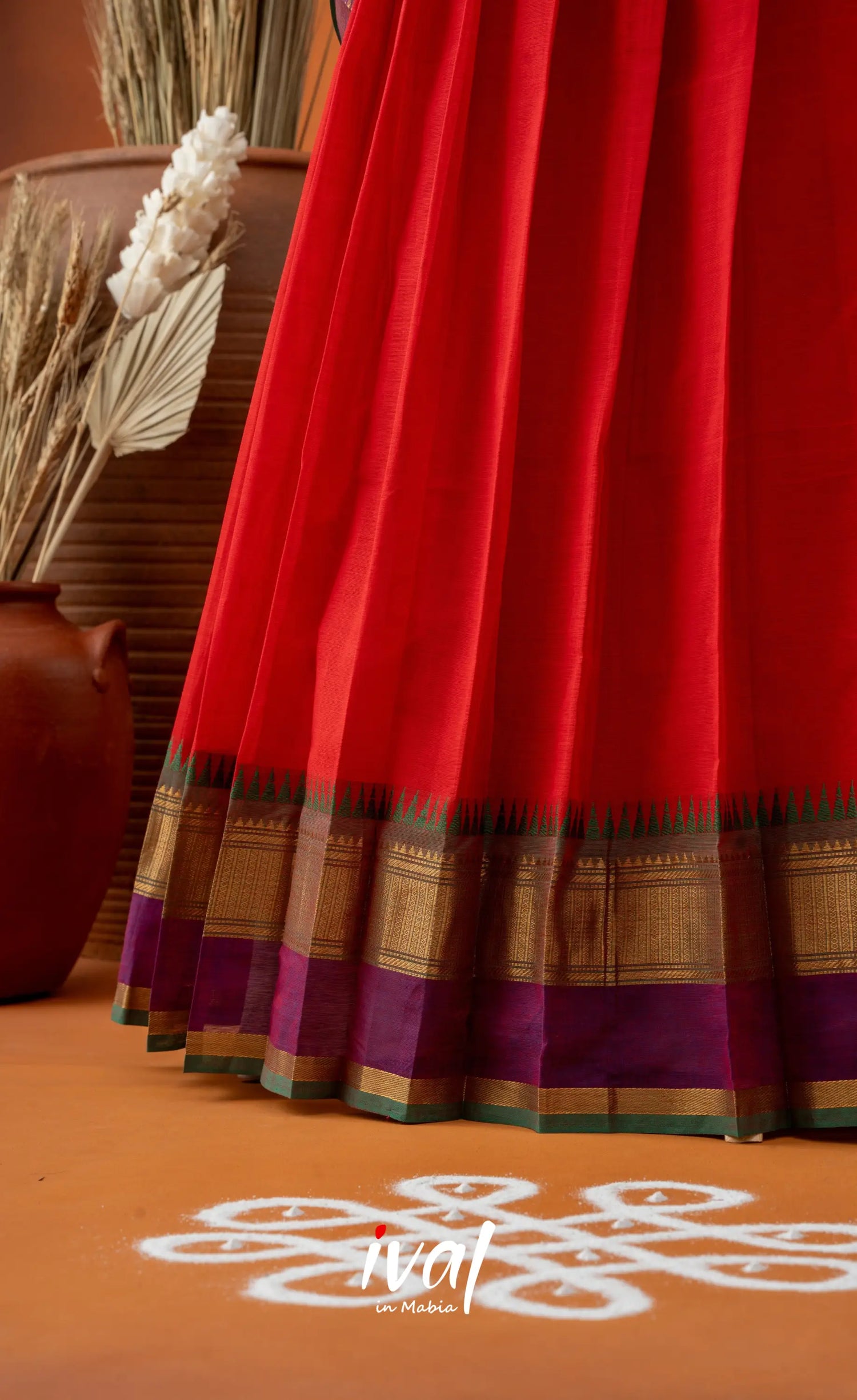 Red with Bottle Green Semi-Stitched Cotton Halfsaree Half Sarees