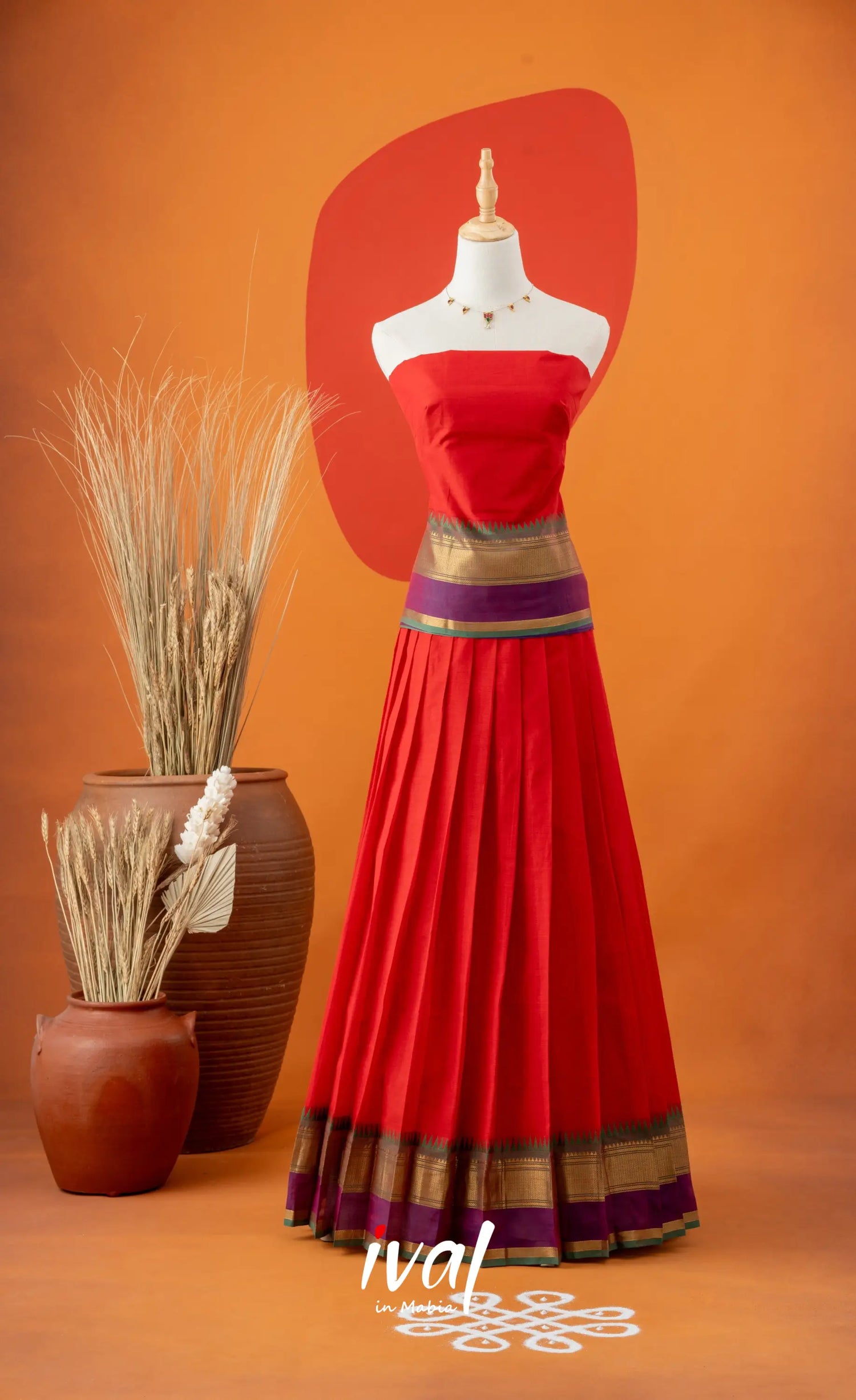 Red with Bottle Green Semi-Stitched Cotton Halfsaree Half Sarees