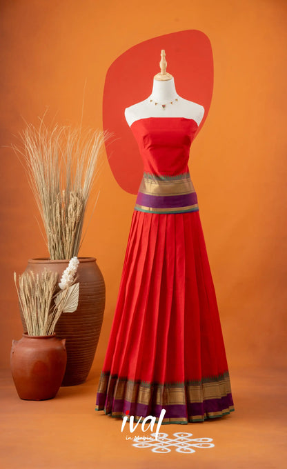 Red with Bottle Green Semi-Stitched Cotton Halfsaree Half Sarees