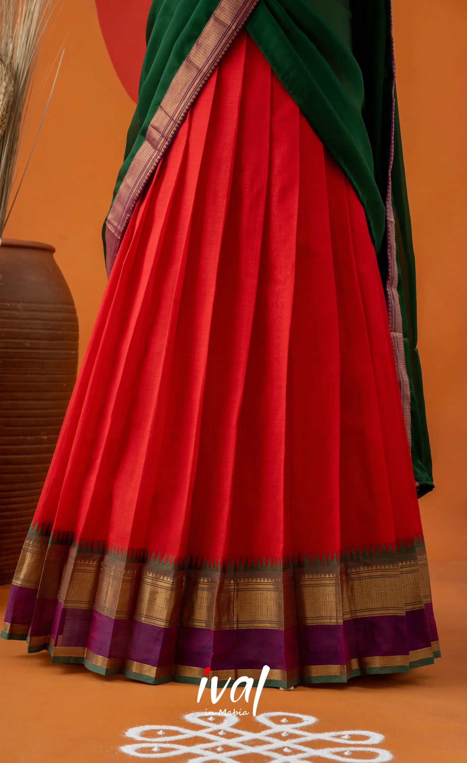 Red with Bottle Green Semi-Stitched Cotton Halfsaree Half Sarees