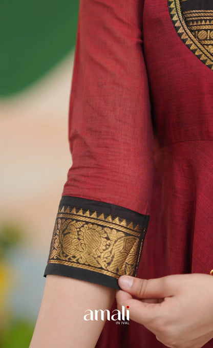 Reddish maroon and Black Chettinad Cotton Anarkali - Anarkalis