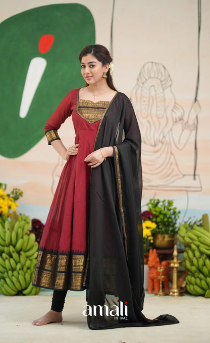 Reddish maroon and Black Chettinad Cotton Anarkali - Anarkalis