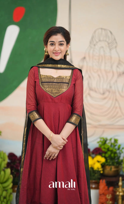 Reddish maroon and Black Chettinad Cotton Anarkali - Anarkalis