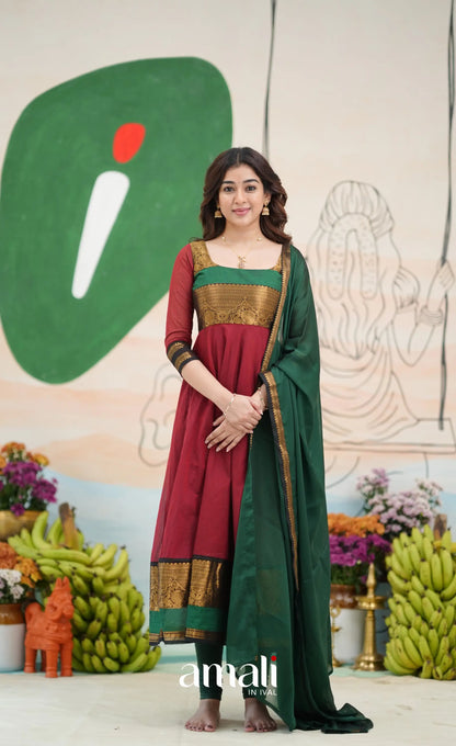 Reddish maroon and Bottle green Chettinad Cotton Anarkali - Anarkalis