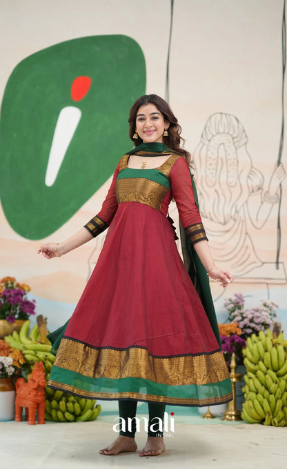 Reddish maroon and Bottle green Chettinad Cotton Anarkali - Anarkalis