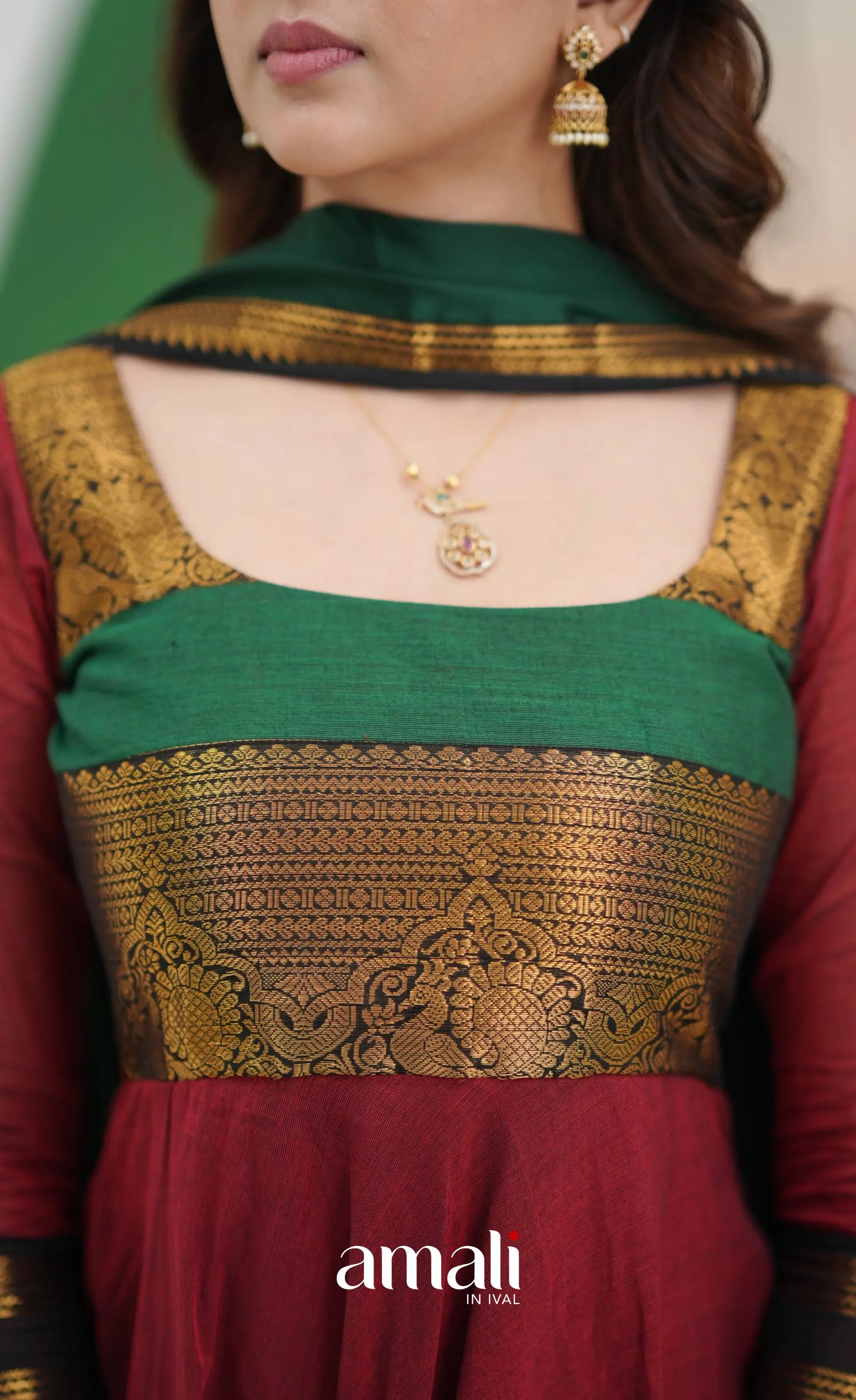Reddish maroon and Bottle green Chettinad Cotton Anarkali - Anarkalis