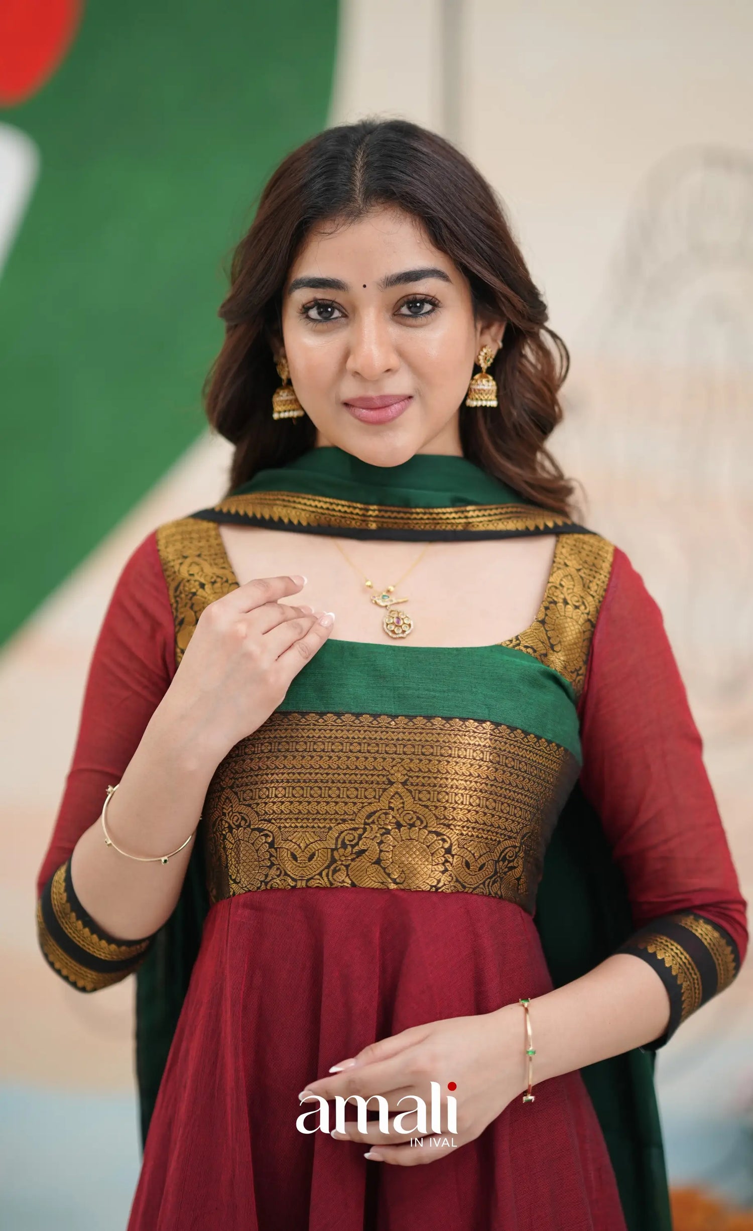 Reddish maroon and Bottle green Chettinad Cotton Anarkali - Anarkalis