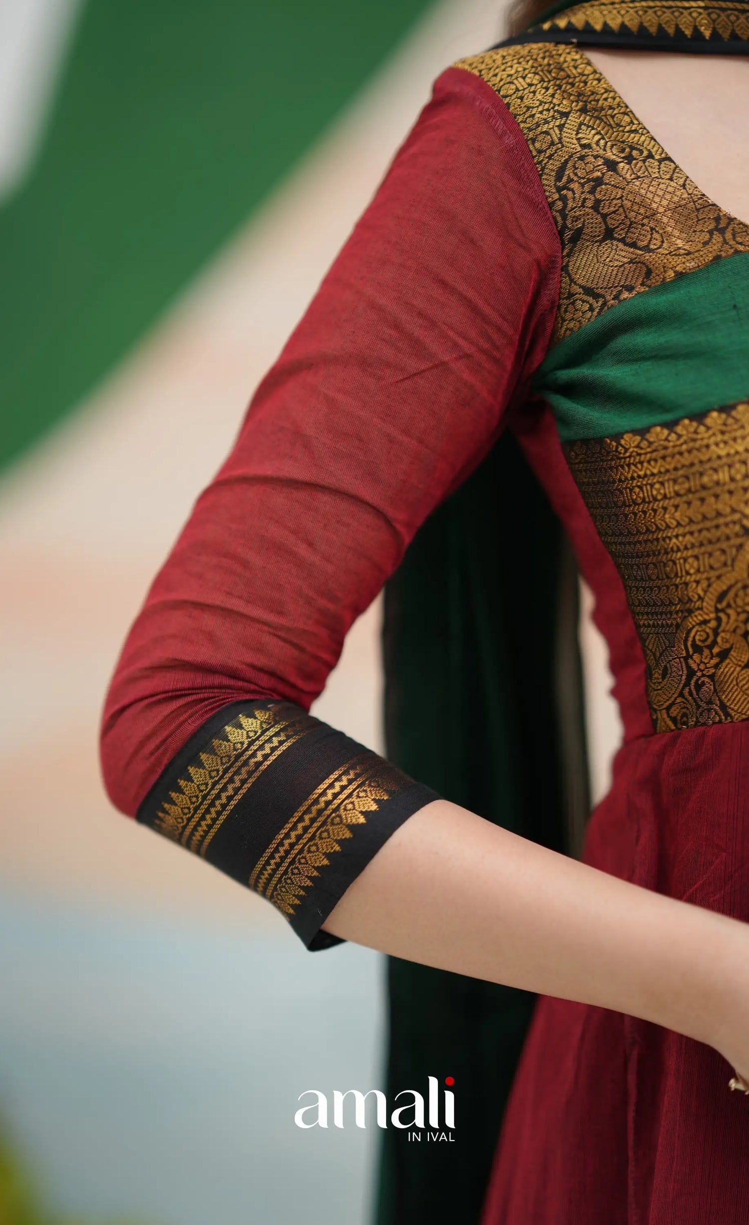 Reddish maroon and Bottle green Chettinad Cotton Anarkali - Anarkalis