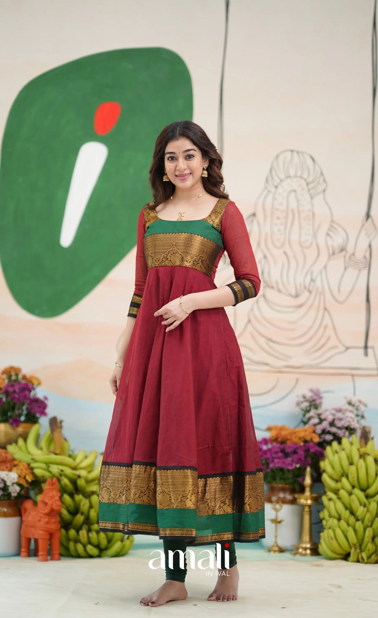 Reddish maroon and Bottle green Chettinad Cotton Anarkali - Anarkalis