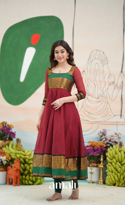 Reddish maroon and Bottle green Chettinad Cotton Anarkali - Anarkalis