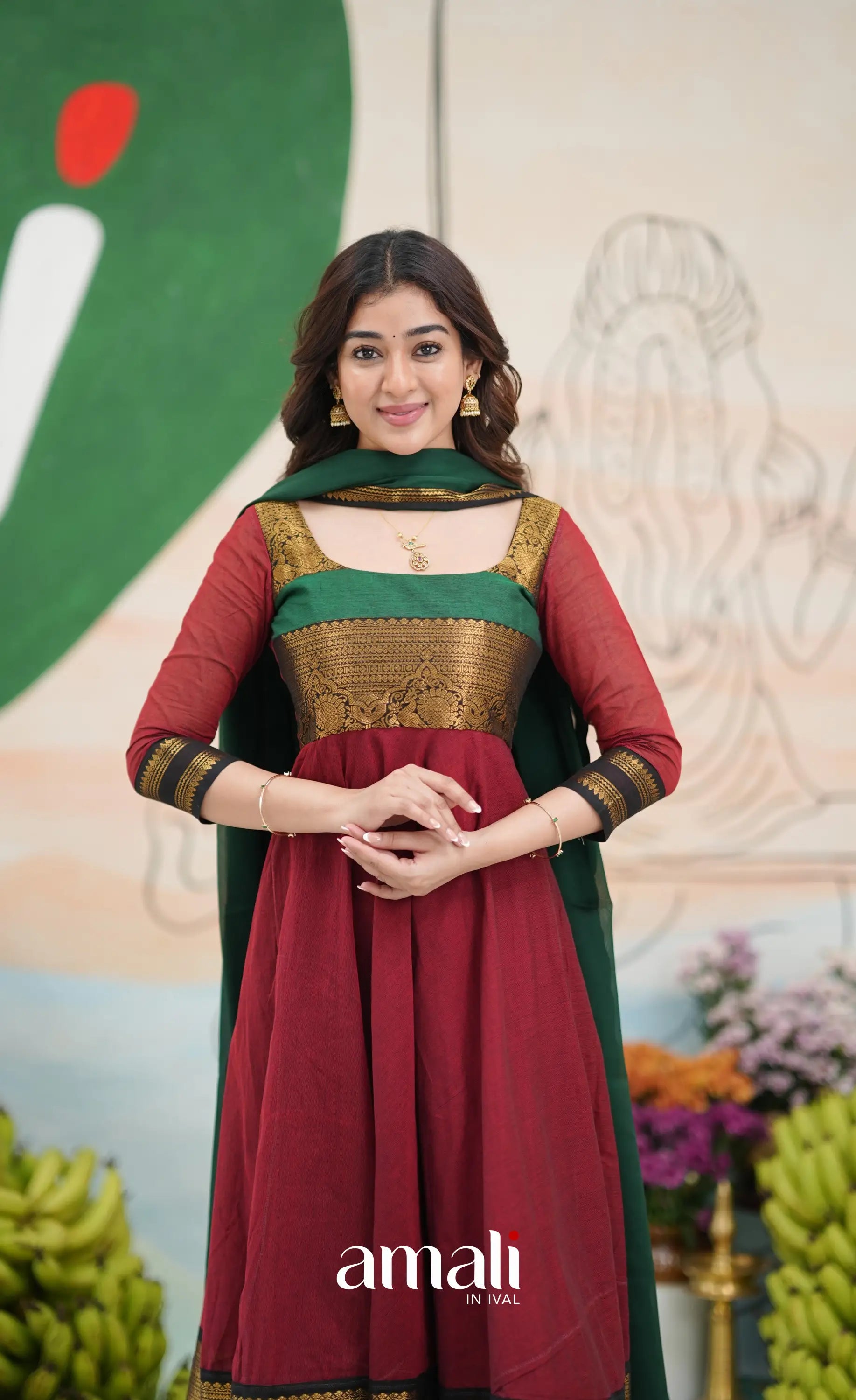 Reddish maroon and Bottle green Chettinad Cotton Anarkali - Anarkalis