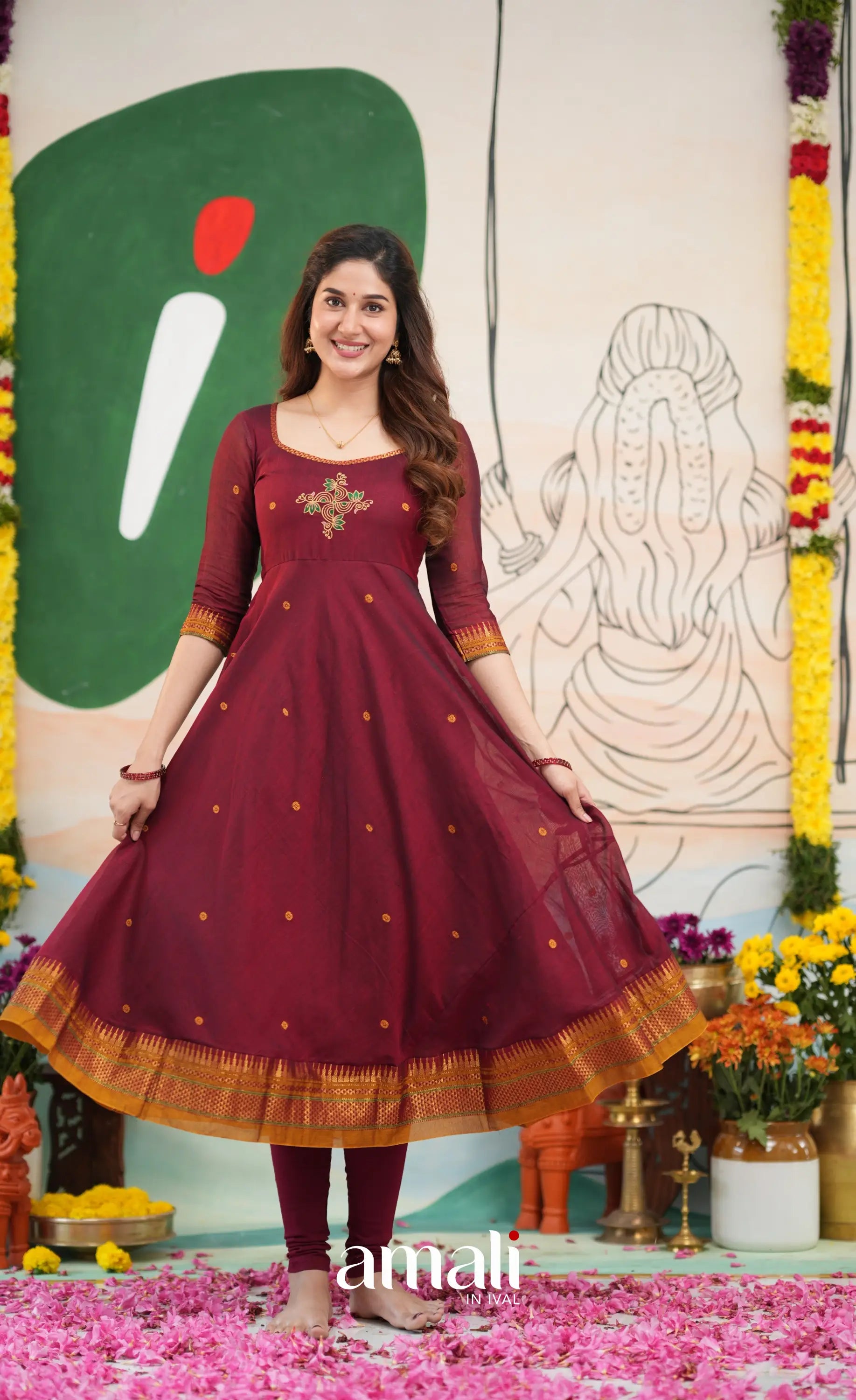 Reddish maroon and Mustard yellow Narayanpet Cotton Anarkali - Anarkalis