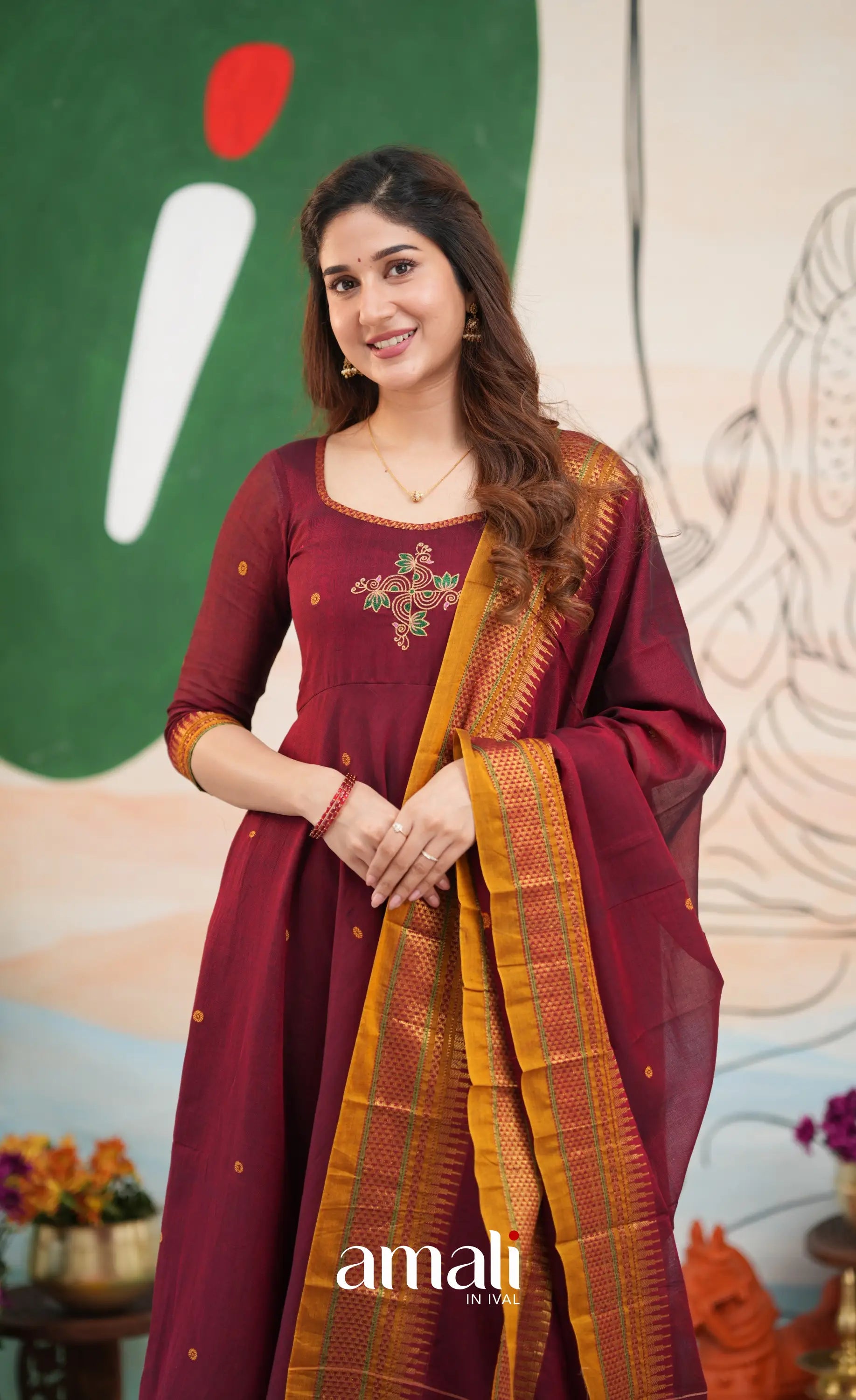 Reddish maroon and Mustard yellow Narayanpet Cotton Anarkali - Anarkalis