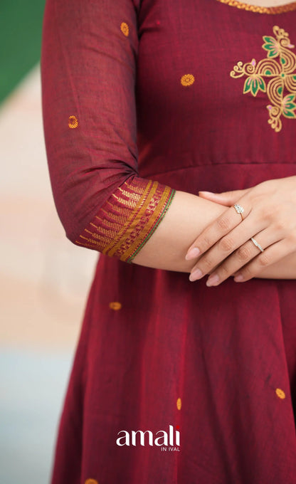 Reddish maroon and Mustard yellow Narayanpet Cotton Anarkali - Anarkalis