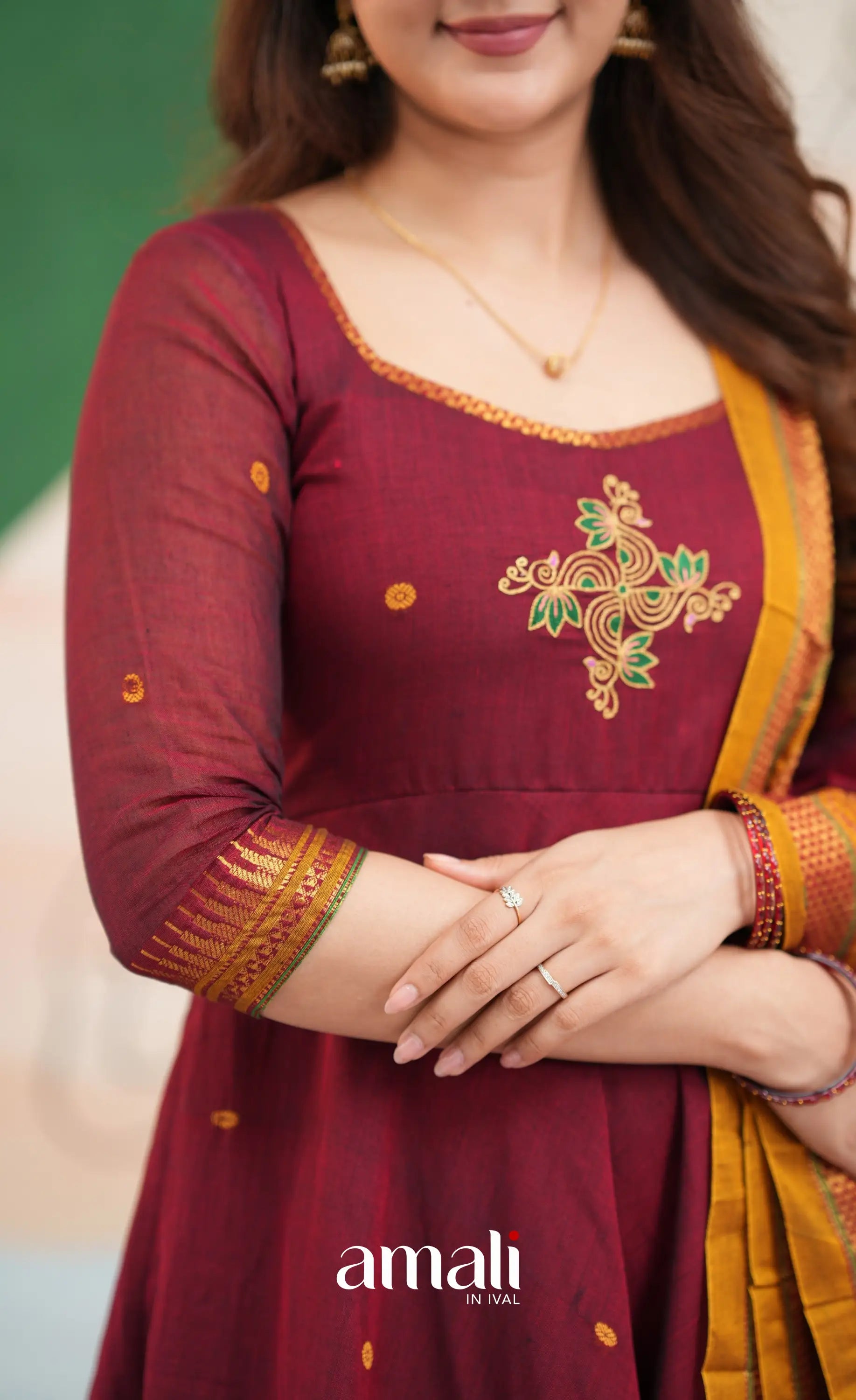 Reddish maroon and Mustard yellow Narayanpet Cotton Anarkali - Anarkalis