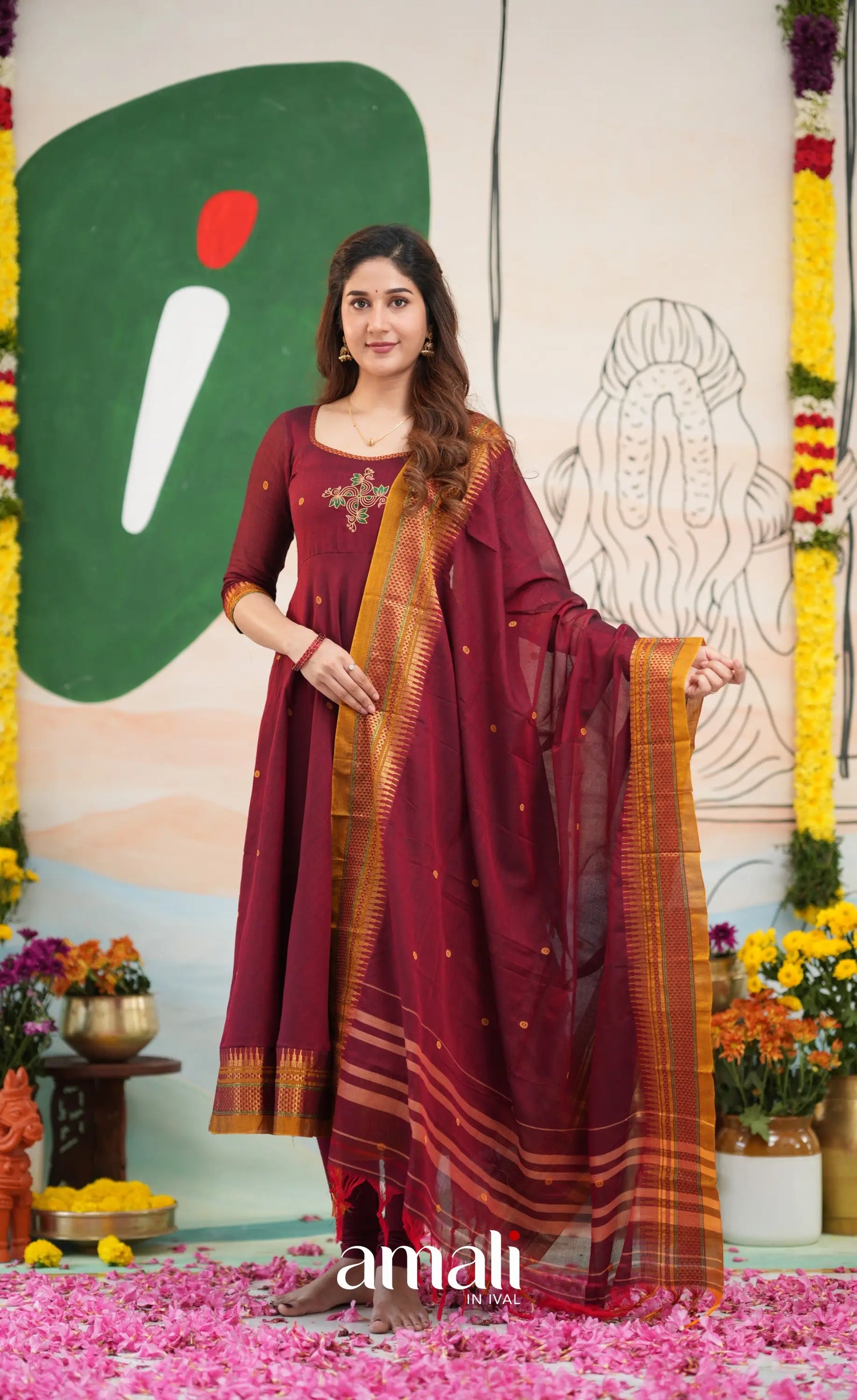Reddish maroon and Mustard yellow Narayanpet Cotton Anarkali - Anarkalis