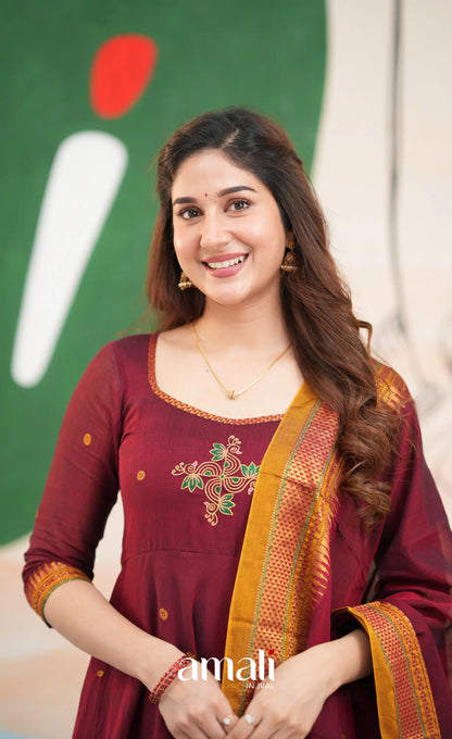 Reddish maroon and Mustard yellow Narayanpet Cotton Anarkali - Anarkalis
