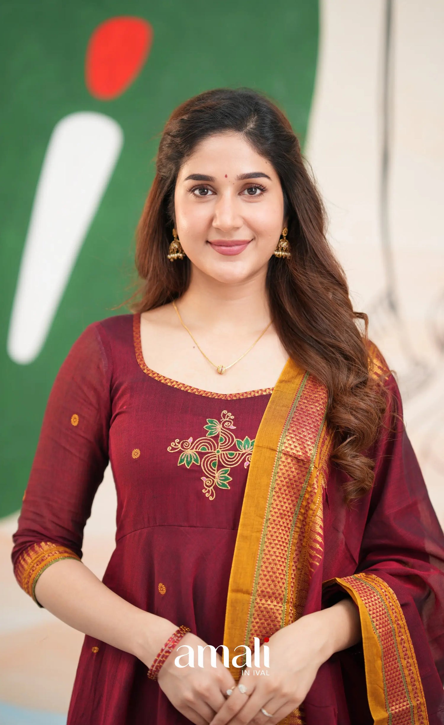 Reddish maroon and Mustard yellow Narayanpet Cotton Anarkali - Anarkalis