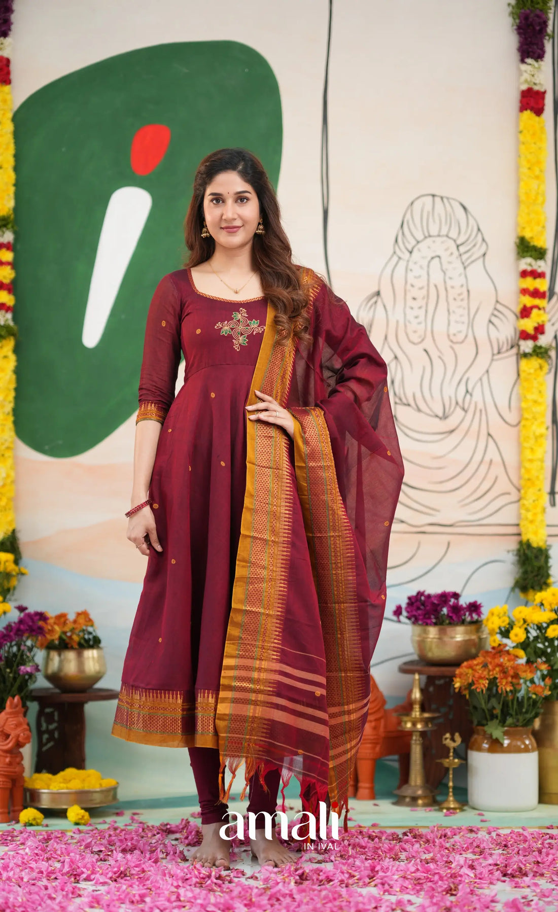 Reddish maroon and Mustard yellow Narayanpet Cotton Anarkali - Anarkalis