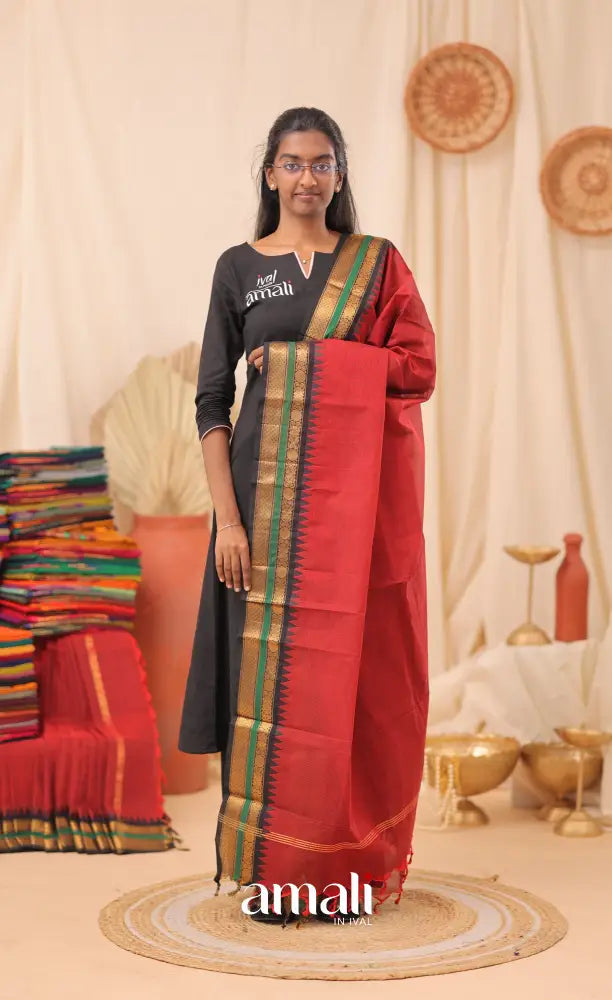 Reddish Maroon With Black Chettinad Cotton Dupatta salwar