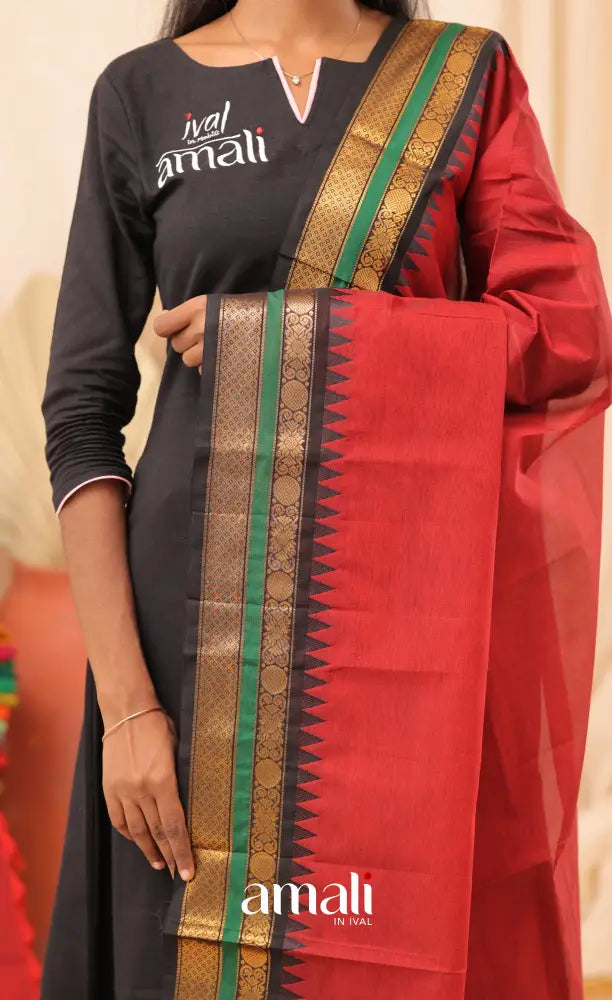 Reddish Maroon With Black Chettinad Cotton Dupatta salwar