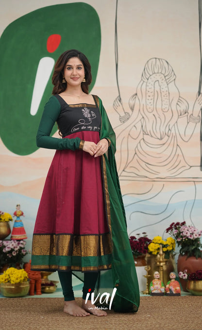 Reddish maroon with Dark green Chettinad cotton Anarkali Anarkalis