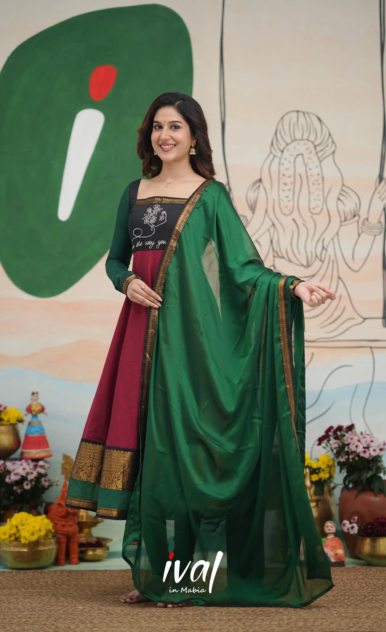 Reddish maroon with Dark green Chettinad cotton Anarkali Anarkalis