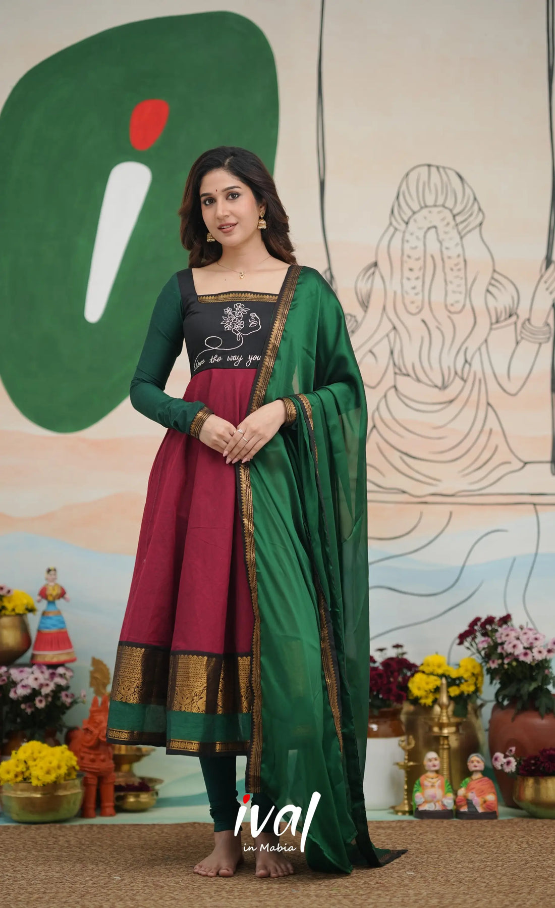 Reddish maroon with Dark green Chettinad cotton Anarkali Anarkalis