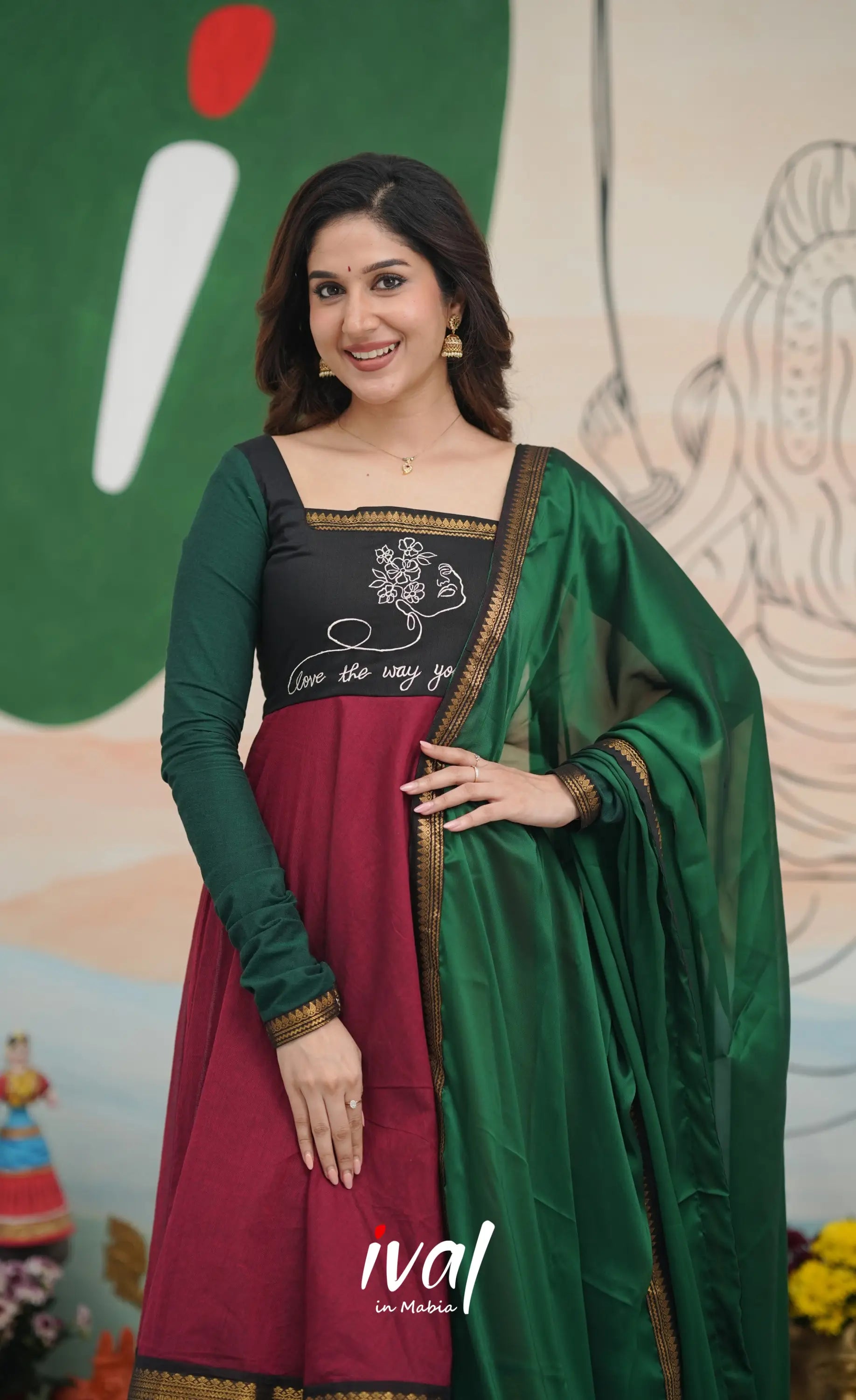 Reddish maroon with Dark green Chettinad cotton Anarkali Anarkalis