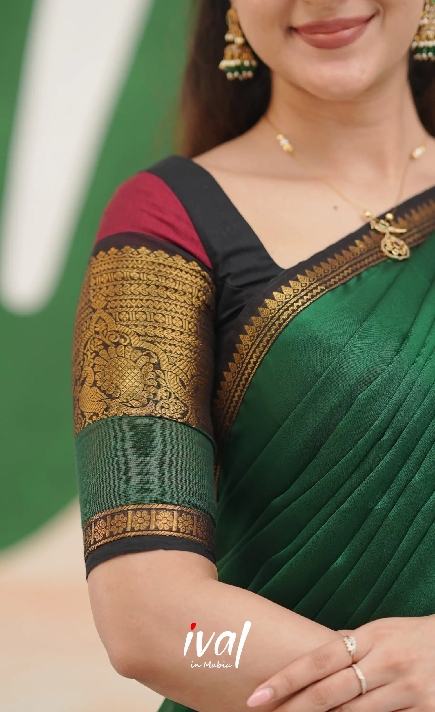 Reddish maroon with Dark green Padmaja Chettinad cotton Halfsaree Half Sarees