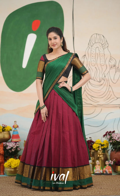 Reddish maroon with Dark green Padmaja Chettinad cotton Halfsaree Half Sarees