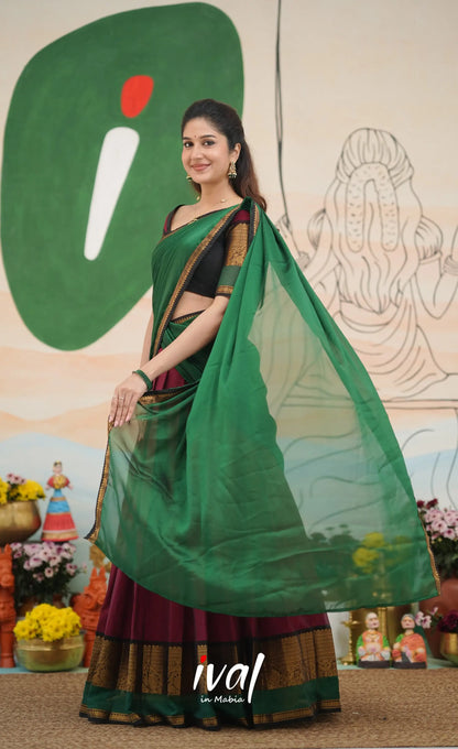 Reddish maroon with Dark green Padmaja Chettinad cotton Halfsaree Half Sarees