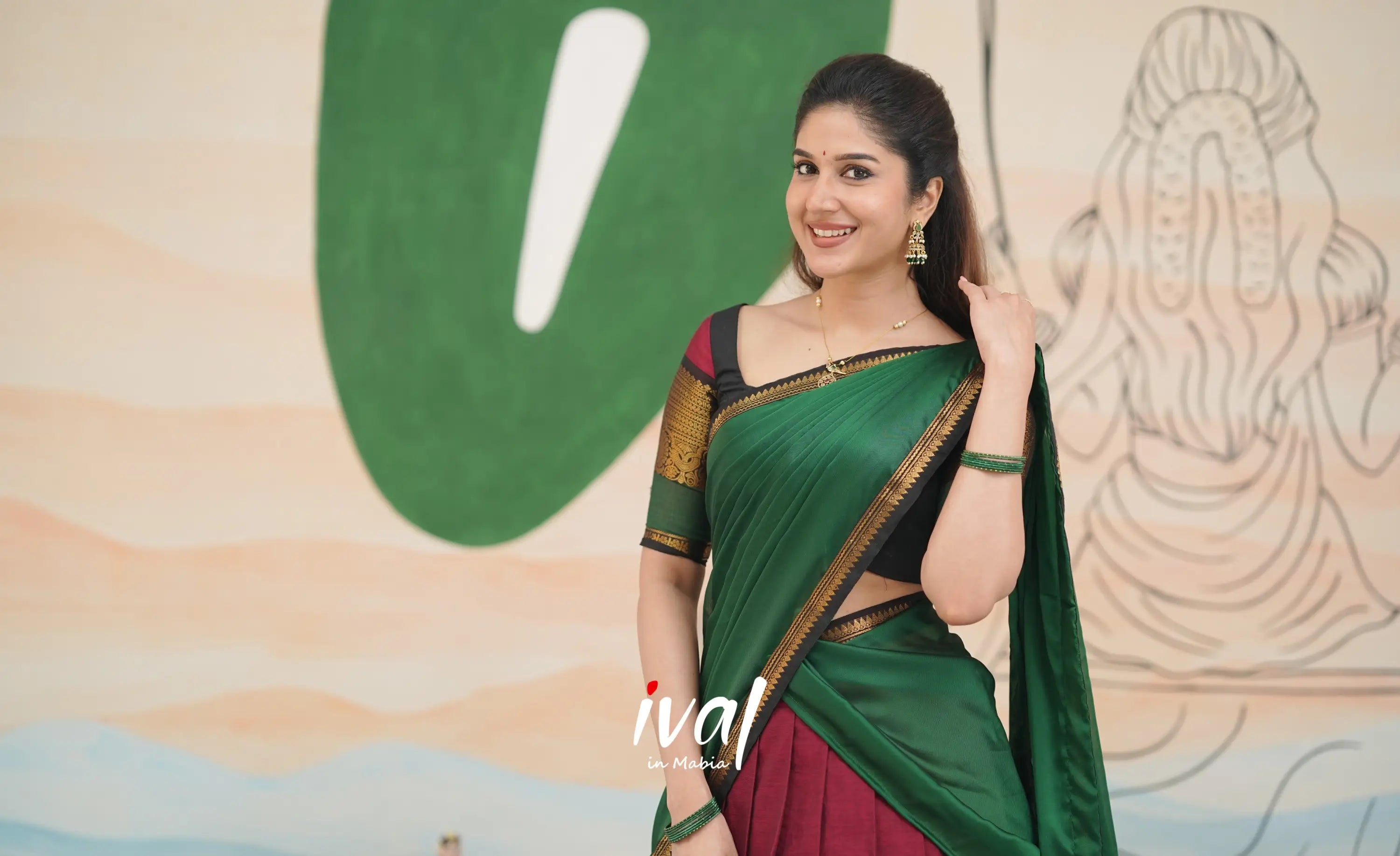 Reddish maroon with Dark green Padmaja Chettinad cotton Halfsaree Half Sarees