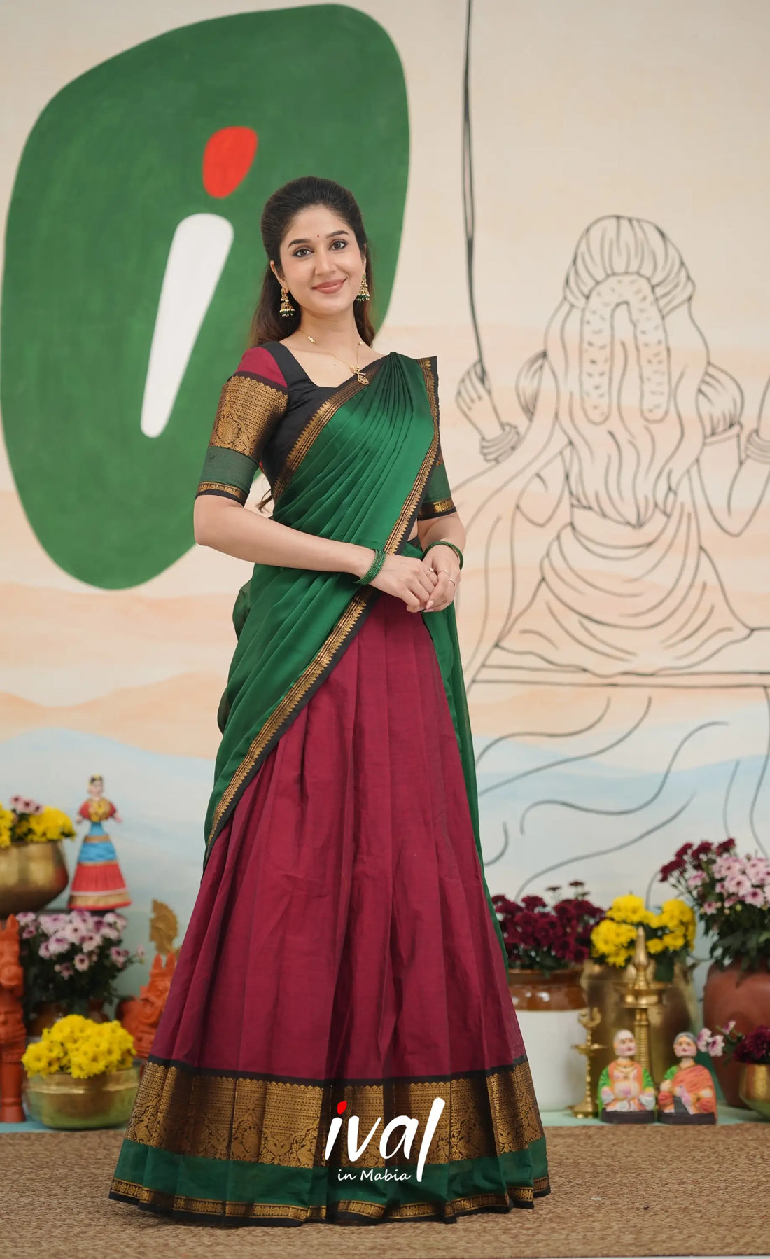 Reddish maroon with Dark green Padmaja Chettinad cotton Halfsaree Half Sarees