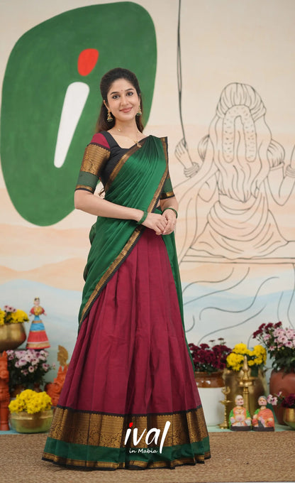 Reddish maroon with Dark green Padmaja Chettinad cotton Halfsaree Half Sarees
