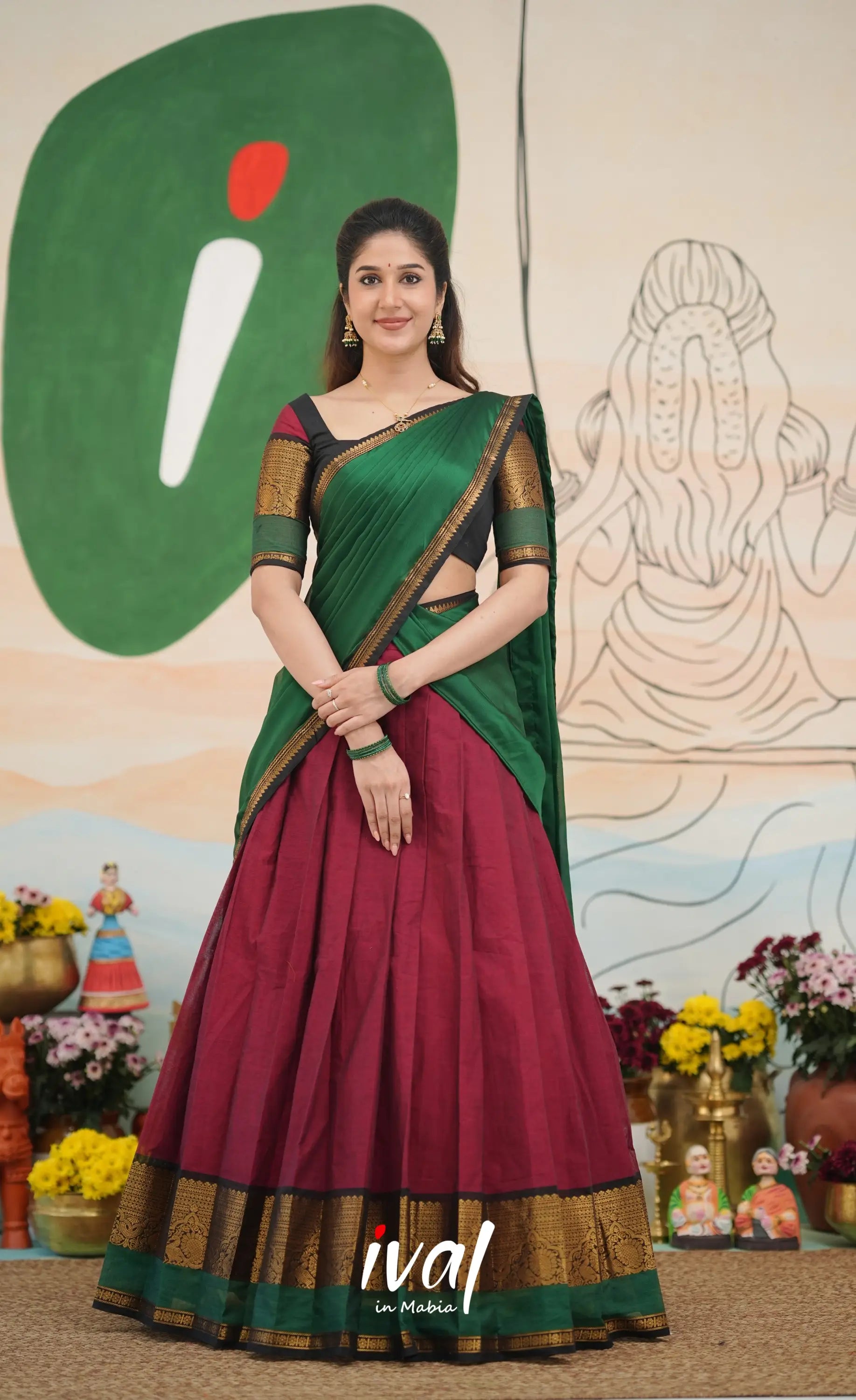 Reddish maroon with Dark green Padmaja Chettinad cotton Halfsaree Half Sarees