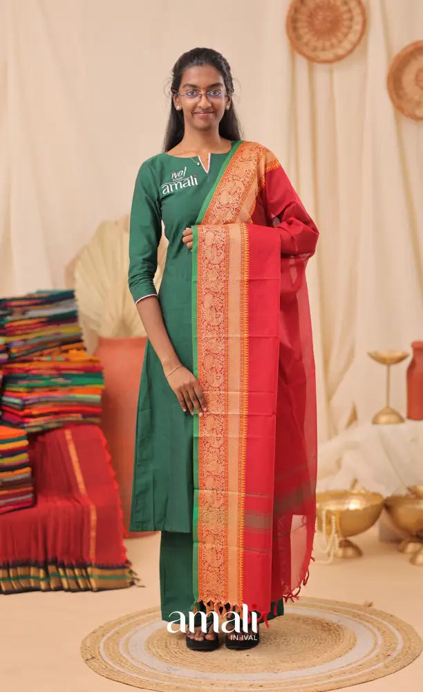 Reddish Maroon With Green Chettinad Cotton Dupatta salwar