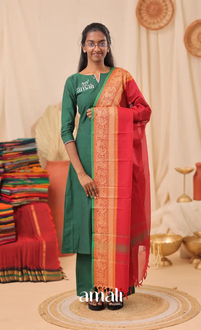 Reddish Maroon With Green Chettinad Cotton Dupatta salwar