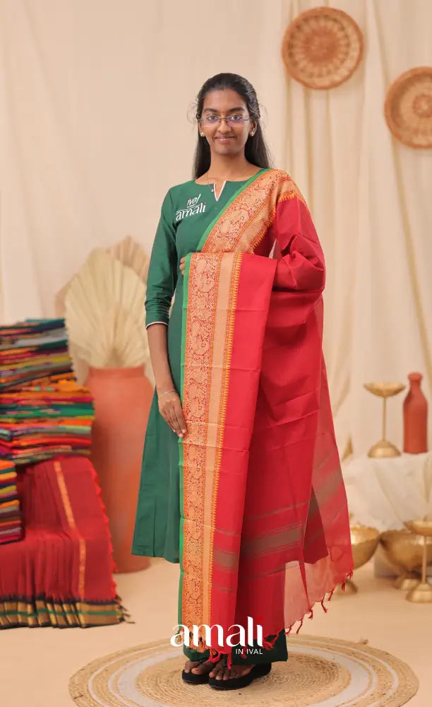 Reddish Maroon With Green Chettinad Cotton Dupatta salwar