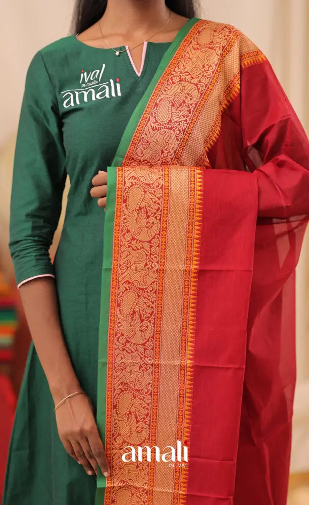 Reddish Maroon With Green Chettinad Cotton Dupatta salwar
